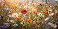Meadow of colorful flowers in summer, seen from below, wildflowers, vibrant colors, warm tones created with ai Royalty Free Stock Photo
