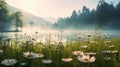 Serene Meadow With Misty Mountains And Daisies