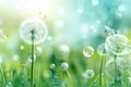 Meadow with dandelions in soft green tones, abstract background, AI generative content Royalty Free Stock Photo