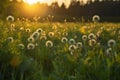 Meadow dandelions sunset. Generate Ai Royalty Free Stock Photo