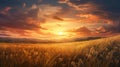 a meadow dominated by the gentle sway of wheatgrass, illuminated by the soft rays of the setting sun