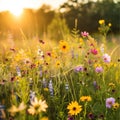 A meadow dotted with vibrant wildflowers, bathed in golden sunlight, invites serenity and joy