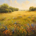 A meadow dotted with vibrant wildflowers, bathed in golden sunlight, invites serenity and joy