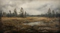 Meadow At The Edge Of Woods: Avian-themed Vray Painting With Distressed Surfaces