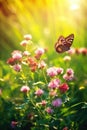 The meadow features clover, butterfly, wild flowers, and sun rays. (Illustration, Generative AI Royalty Free Stock Photo