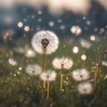 A meadow filled with floating, ethereal dandelion seeds, creating a dreamlike atmosphere2