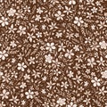 Meadow floral vector seamless pattern. Many Hand drawn beige and white abstract flowers on brown background.