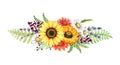 Meadow flower bright decor. Watercolor illustration. Daisy, calendula, sunflower, lavender, privet berries, fern