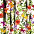 Meadow flowers, wild grass, summer butterflies at monochrome striped pattern. Repeating floral background. Summer Royalty Free Stock Photo