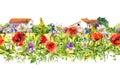 Meadow flowers, wild herbs, rural houses. Floral border. Watercolor. Seamless frame stripe in vintage style Royalty Free Stock Photo