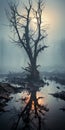 Ethereal Apocalypse: A Mystical Landscape Of Burned Trees In Muddy Waters