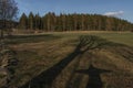 Meadow and forest in sunset evening with long shadows and blue sky Royalty Free Stock Photo