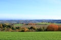 Meadow with grass and big autumn trees against blue sky in saxon switzerland