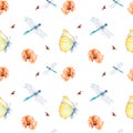 Meadow insects and flowers watercolor seamless pattern on white.