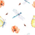 Meadow insects and flowers watercolor seamless pattern on white.