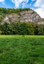 Meadow with isolated tree and hill coveed by forest with rock formations above in Thaytal Podyji national parks on austrian -