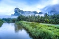 Meadow,lake,mountains on cloudy blue sky background Royalty Free Stock Photo