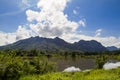 Meadow,lake,mountains on cloudy blue sky background in Phangnga province,South of Thailand Royalty Free Stock Photo