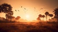 Meadow landscape with coconut trees on the left and right, golden hour evening sunset, silhouettes of birds flying above it Royalty Free Stock Photo