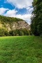 Meadow with partly rocky hill covered by deciduous forest in Thayatal Nnational park on austrian - czech borders Royalty Free Stock Photo