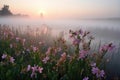 meadow of pink wildflowers in morning fog Royalty Free Stock Photo