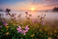 meadow of pink wildflowers in morning fog Royalty Free Stock Photo