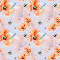 Meadow poppies with beetle watercolor seamless pattern on grey. Royalty Free Stock Photo