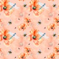 Meadow poppies with beetle watercolor seamless pattern on pink. Royalty Free Stock Photo