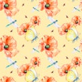 Meadow poppies with beetles watercolor seamless pattern on beige. Royalty Free Stock Photo