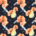 Meadow poppies with beetles watercolor seamless pattern on dark. Royalty Free Stock Photo