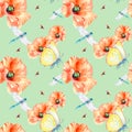 Meadow poppies with beetles watercolor seamless pattern on green. Royalty Free Stock Photo