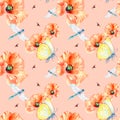 Meadow poppies with beetles watercolor seamless pattern on pink. Royalty Free Stock Photo