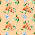 Meadow red flowers with butterflies watercolor seamless pattern on coral. Royalty Free Stock Photo