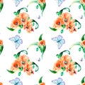 Meadow red flowers with butterflies watercolor seamless pattern on white. Royalty Free Stock Photo