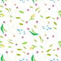 Meadow romantic colorful seamless pattern. Pink, blue, yellow flower, green flower