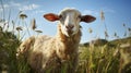 Meadow\'s Gentle Nibbler: Close-Up of Grazing Sheep. Generative AI