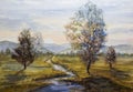 Meadow with small river, trees and distant hill at sunset. Watercolor handmade landscape painting Royalty Free Stock Photo