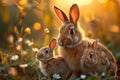 Meadow snuggles Mother rabbit and babies share a tender moment Royalty Free Stock Photo