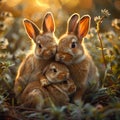 Meadow snuggles Mother rabbit and babies share a tender moment Royalty Free Stock Photo