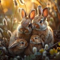 Meadow snuggles Mother rabbit and babies share a tender moment Royalty Free Stock Photo