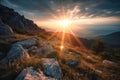 Meadow Sunset panorama View: Serene Nature Landscape Colorful Sky. Wide Countryside rye wheat field in the summer on cloudy sky Royalty Free Stock Photo