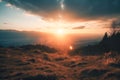 Meadow Sunset panorama View: Serene Nature Landscape Colorful Sky. Wide Countryside rye wheat field in the summer on cloudy sky Royalty Free Stock Photo