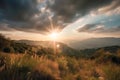 Meadow Sunset panorama View: Serene Nature Landscape Colorful Sky. Wide Countryside rye wheat field in the summer on cloudy sky Royalty Free Stock Photo