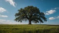 Tree with green leaves in the middle of the meadow under the blue sky. Royalty Free Stock Photo