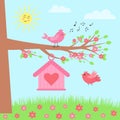 Meadow with tree, flowers, birdhouse and birds. Springtime. Cartoon sun is shining. Birds are flying and singing