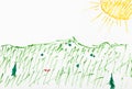 Meadow under yellow sun hand-drawn by felt pens Royalty Free Stock Photo