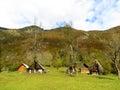 Meadow at Voje valley in Gorenjska, Slovenia with small wooden huts