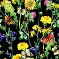 Meadow watercolor flowers and butterfly seamless pattern