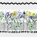 Meadow watercolor and ink flower seamless pattern.