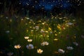 A meadow where each flower seems to hold a star within its petals, fireflies creating a dance of light as the night deepens.